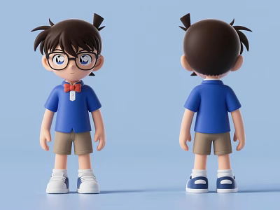 Cartoon Man Figure Wearing Blue Shirt Brown Shorts Glasses Red Bow Tie Front Back View 3d model
