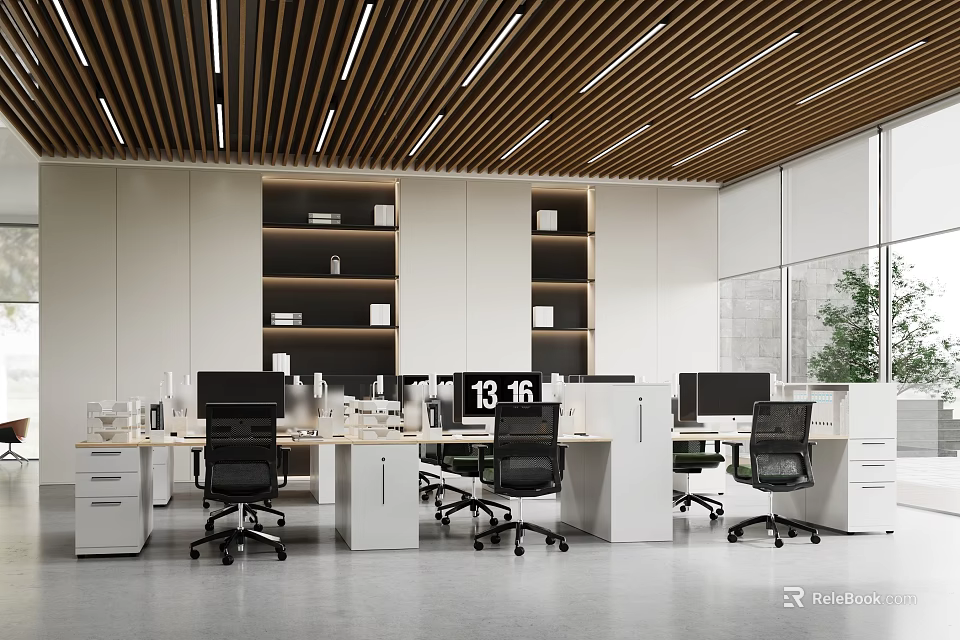 Modern Public Office Space With Wood Slat Ceiling Workstations Ergonomic Chairs And Natural Light 3d model 