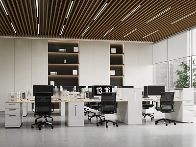 Modern Public Office Space With Wood Slat Ceiling Workstations Ergonomic Chairs And Natural Light 3d model