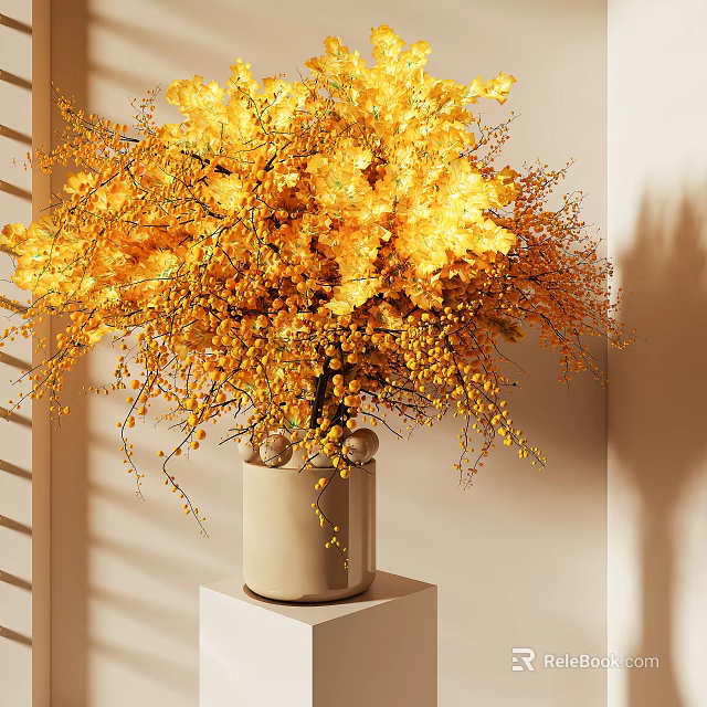 Lush Yellow Blossoms In Beige Vase On White Pedestal Against Light Neutral Background 3d model 