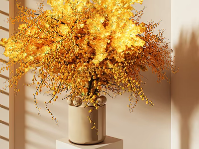 Lush Yellow Blossoms In Beige Vase On White Pedestal Against Light Neutral Background 3d model