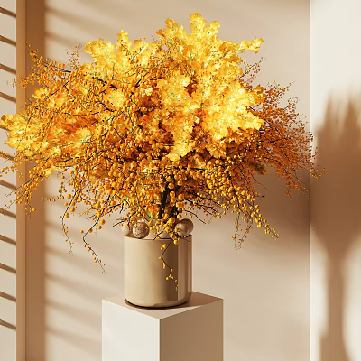 Lush Yellow Blossoms In Beige Vase On White Pedestal Against Light Neutral Background 3d model