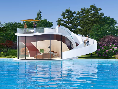 Modern Detached Villa Featuring Spiral Staircase Glass Terrace Overlooking Pool And Lush Greenery 3d model