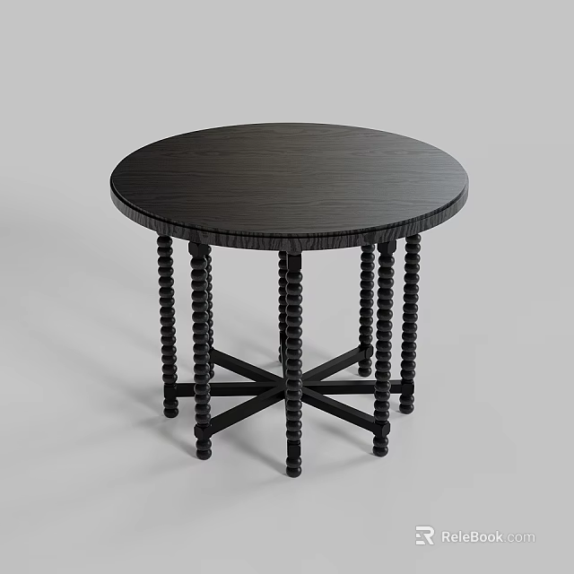 Black Wooden Round Dining Table With Turned Legs And Cross Base 3d model 