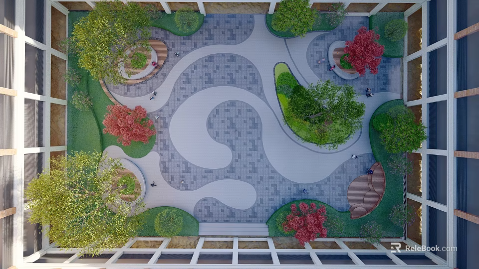 Top View Courtyard Garden Design With Curved Pathways Green Red Trees And Circular Seating Areas 3d model 