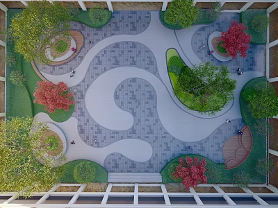 Top View Courtyard Garden Design With Curved Pathways Green Red Trees And Circular Seating Areas 3d model