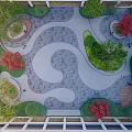 Top View Courtyard Garden Design With Curved Pathways Green Red Trees And Circular Seating Areas