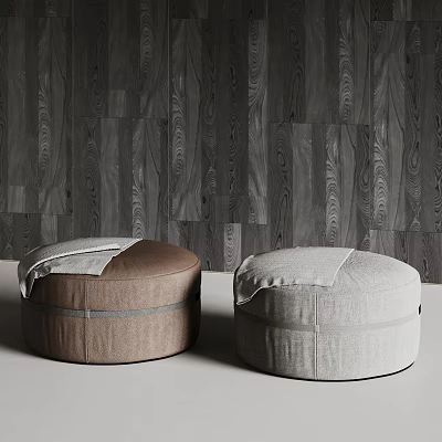 Modern Stylish Brown and Gray Upholstered Ottomans Against Dark Wooden Wall 3d model