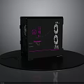 Black Computer Case With Transparent Side Panel And Pink LED Lighting Fans On Display Stand