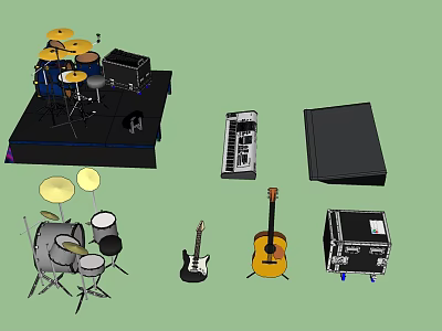 Music Instruments Collection Including Drum Set Electric Acoustic Guitars Keyboard And Equipment Cases 3d model