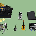Music Instruments Collection Including Drum Set Electric Acoustic Guitars Keyboard And Equipment Cases