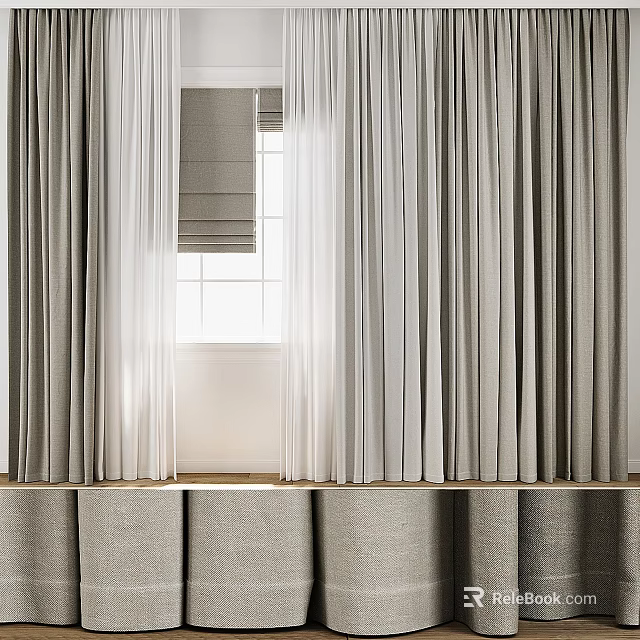Stylish Gray And White Curtains With Soft Texture For Window Decoration 3d model 