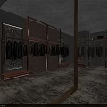 Vintage Clothing Store Interior with Metal Wooden Racks Dark Gray Jackets Patterned Walls Textured Floor
