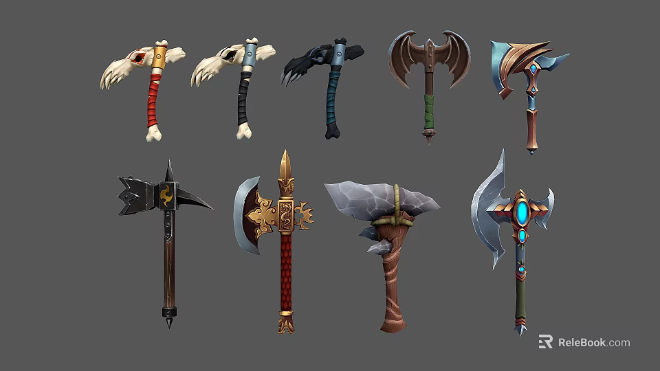 Diverse Fantasy Axes With Ornate Handles Unique Blades And Decorative Designs 3d model 