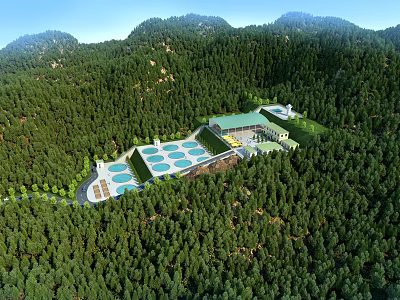 Aerial Planning of Forest Surrounded Complex With Green Roof and Pools 3d model