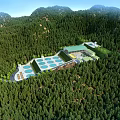 Aerial Planning of Forest Surrounded Complex With Green Roof and Pools