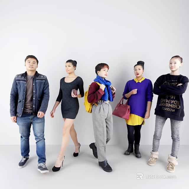 Stylish Group of People Wearing Trendy Clothing With Scarves And Handbags 3d model 