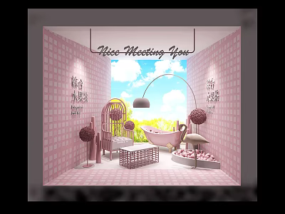 Pink Checkered Window Display With Birdcage Chair Bathtub Flamingo And Spherical Plants 3d model