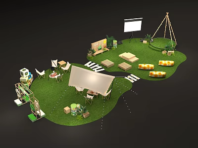 Creative Garden Landscape Design With Green Grass Outdoor Seating Swing And Projector Screen 3d model