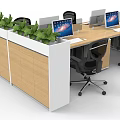 Modern Office Workstations With Computer Monitors Keyboards Ergonomic Chairs And Green Plants 3d model