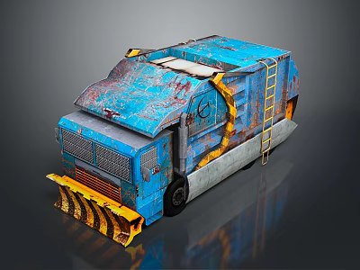 Blue Worn Rusted Utility Vehicle With Ladder And Snow Plow For Industrial Use 3d model