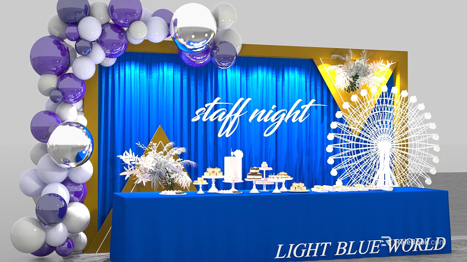 Delicious Cakes and Pastries on Dessert Table for Staff Night with Blue Backdrop and Balloon Decorations 3d model 