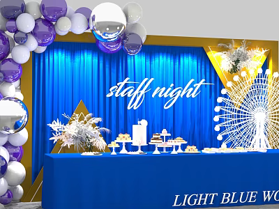 Delicious Cakes and Pastries on Dessert Table for Staff Night with Blue Backdrop and Balloon Decorations 3d model