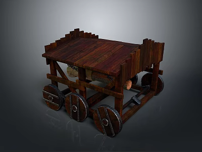 Medieval Wooden Siege Weapon With Metal Decorated Wheels And Carriage Structure 3d model