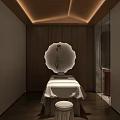 Luxury SPA Sauna Interior With Wooden Walls Massage Table Round Mirror And Soft Lighting