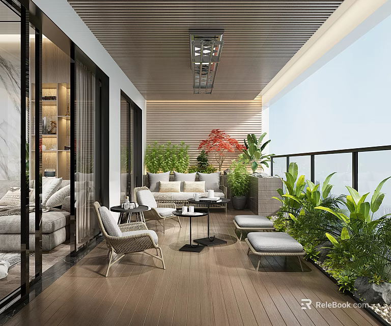 Modern Home Balcony With Comfortable Furniture Green Plants Wooden Flooring And Glass Railing 3d model 