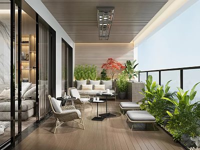 Modern Home Balcony With Comfortable Furniture Green Plants Wooden Flooring And Glass Railing 3d model