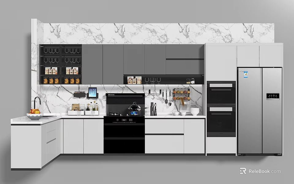Modern Kitchen Interior With White Gray Cabinets Marble Wall Island Counter And Appliances 3d model 