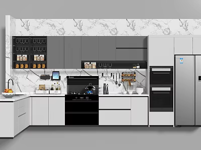 Modern Kitchen Interior With White Gray Cabinets Marble Wall Island Counter And Appliances 3d model