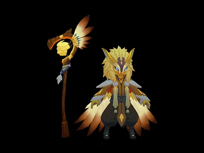 Golden Feathered Fantasy Character With Sun Staff And Mythical Creature Elements 3d model