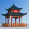 Traditional Chinese Two Story Pavilion With Green Roof Red Pillars And Wooden Railings
