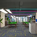 Modern Billiard Room Interior With Wooden Tables Neon Lights Green Plants And Patterned Carpet