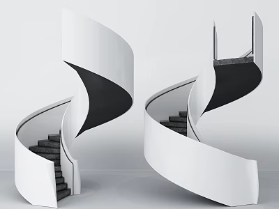 Modern Spiral Staircase Interior Design with White Curved Structure and Black Steps 3d model