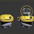 Futuristic Yellow Robots In Sci-Fi Scene With Open Compartment And Internal Components