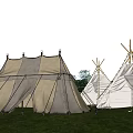 Outdoor Canvas Teepee Tent Camping On Grassland With Trees And Blue Sky