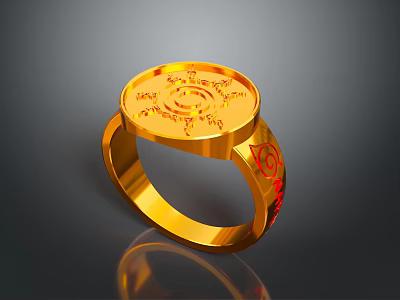 Shiny Gold Ring With Circular Top Red Symbols And Smooth Design For Daily Use 3d model