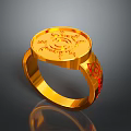 Shiny Gold Ring With Circular Top Red Symbols And Smooth Design For Daily Use