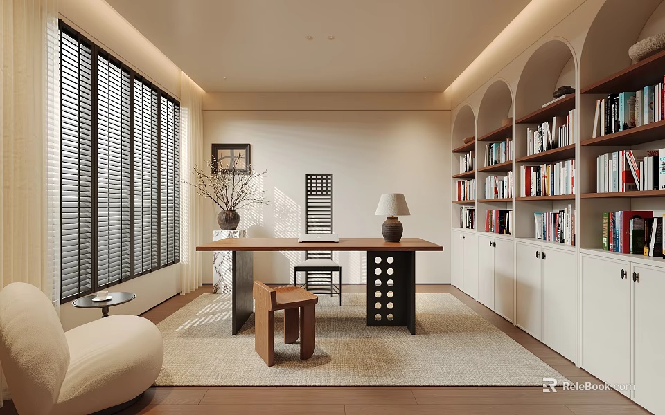 Modern Study Room Interior With Arched Bookshelves Wooden Desk Table Lamp And Shutter Windows 3d model 