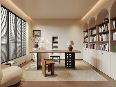 Modern Study Room Interior With Arched Bookshelves Wooden Desk Table Lamp And Shutter Windows 3d model