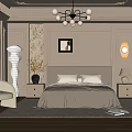 Elegant Bedroom Interior With Beige Bed Chandelier Bedside Tables And Decorative Painting
