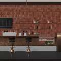 Copper Brick Wall Cafe Bar Interior With Shelves Bar Stools And Menu Board