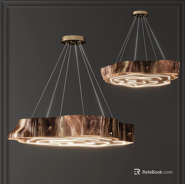 Modern Wooden Texture Chandeliers With Circular Design And Metallic Illuminated Top On Dark Wall 3d model 