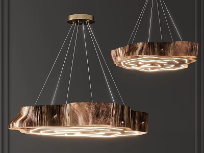 Modern Wooden Texture Chandeliers With Circular Design And Metallic Illuminated Top On Dark Wall 3d model