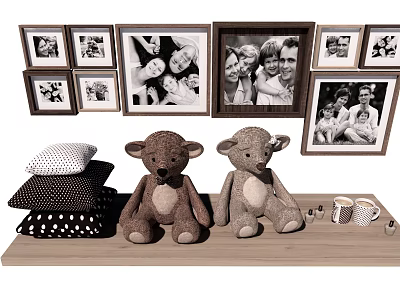 Cute Stuffed Teddy Bear Dolls On Wooden Shelf With Framed Photos Pillows And Mugs 3d model