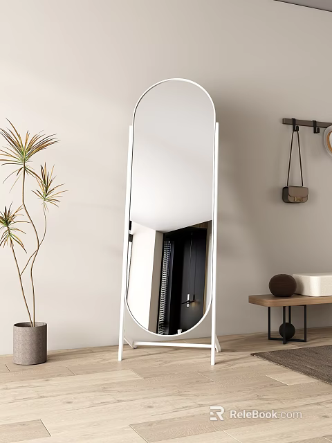 Modern White Framed Full Length Floor Mirror With Indoor Plant And Side Table 3d model 