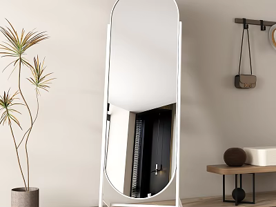 Modern White Framed Full Length Floor Mirror With Indoor Plant And Side Table 3d model